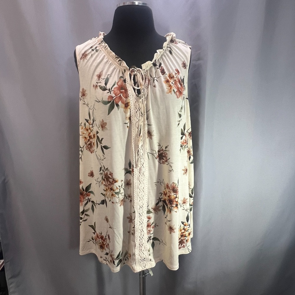 Naif Sleeveless Blouse Women 2X Beige Floral Print Tie Front Detail Lace Classic